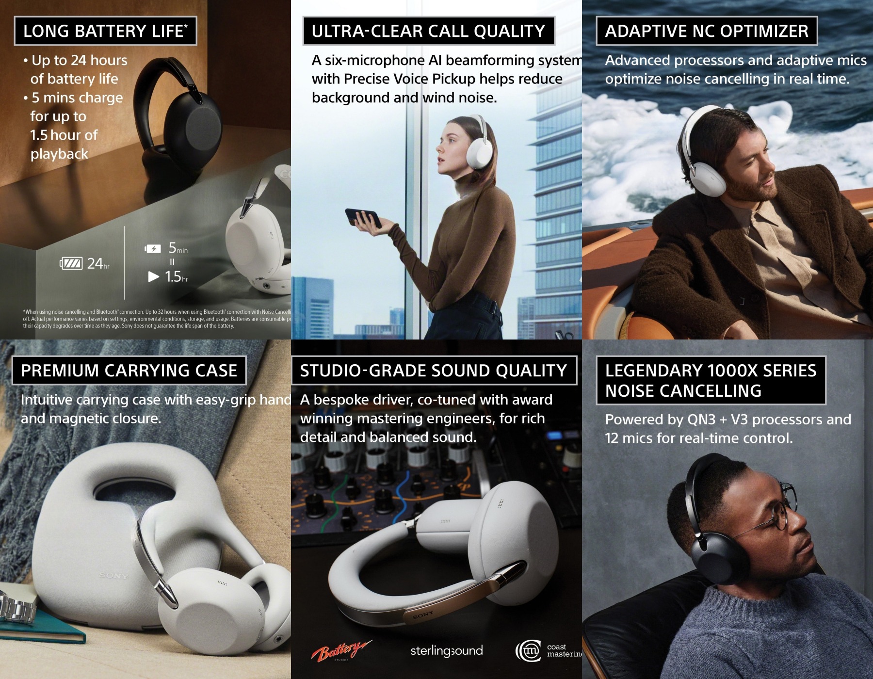 Slide marketing officielle Sony présentant le driver bespoke du 1000X The ColleXion co-tuné par les ingénieurs de mastering de Battery Studios, Sterling Sound et Coast Mastering, avec le casque blanc photographié devant une console de mixage analogique et les logos des trois studios partenaires affichés en bas de visuel.