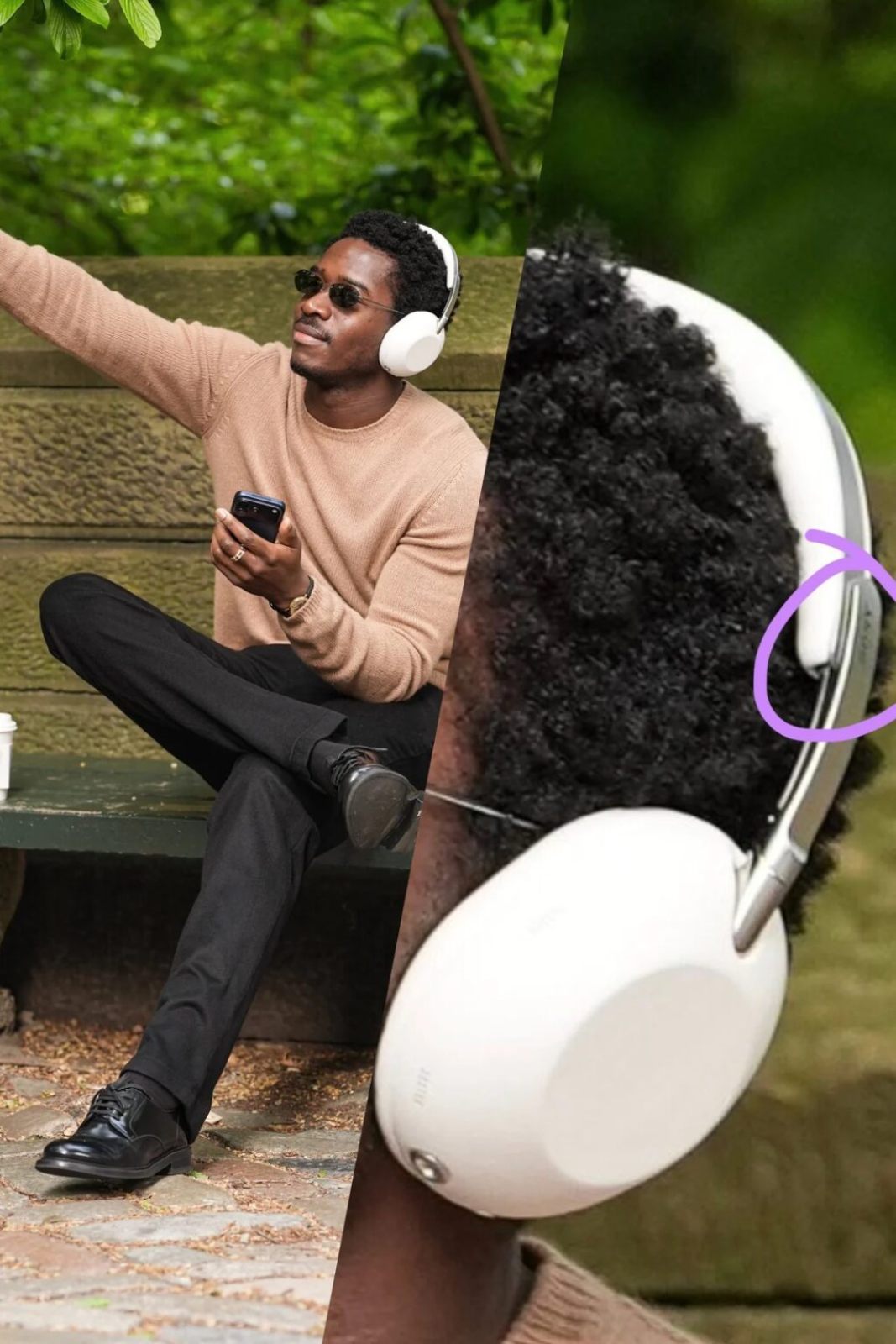 Sony WH-1000XX 1000X The ColleXion casque sans-fil ANC édition limitée 10e anniversaire 2026 photo leak composition double avec vue lifestyle d'ensemble à gauche montrant l'acteur britannique Damson Idris assis sur un banc en bois dans Central Park New York portant le casque blanc lunettes de soleil pull beige pantalon noir chaussures cuir noir smartphone à la main gobelet café sur le banc fin avril 2026 origine de la fuite produit avant lancement officiel, et zoom détail à droite avec annotation en cercle violet révélant la signature SONY gravée en relief sur le bandeau métallique en finition argent brossé à la jonction entre l'arceau et le pavillon arrondi blanc, articulation nouvelle génération où le bras métallique s'enfonce dans le pavillon vs assemblage par-dessus sur WH-1000XM6 visible sur le pavillon en finition mate avec micro de captation environnementale visible en bas, photo qui a confirmé l'authenticité du leak Sony et l'identification de la marque