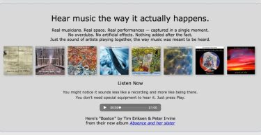 Page d'accueil du nouveau site web de Soundkeeper Recordings affichant le slogan "Hear music the way it actually happens", la rangée des huit pochettes d'albums du catalogue et le lecteur audio intégré permettant d'écouter le titre "Boston" de Tim Eriksen et Peter Irvine