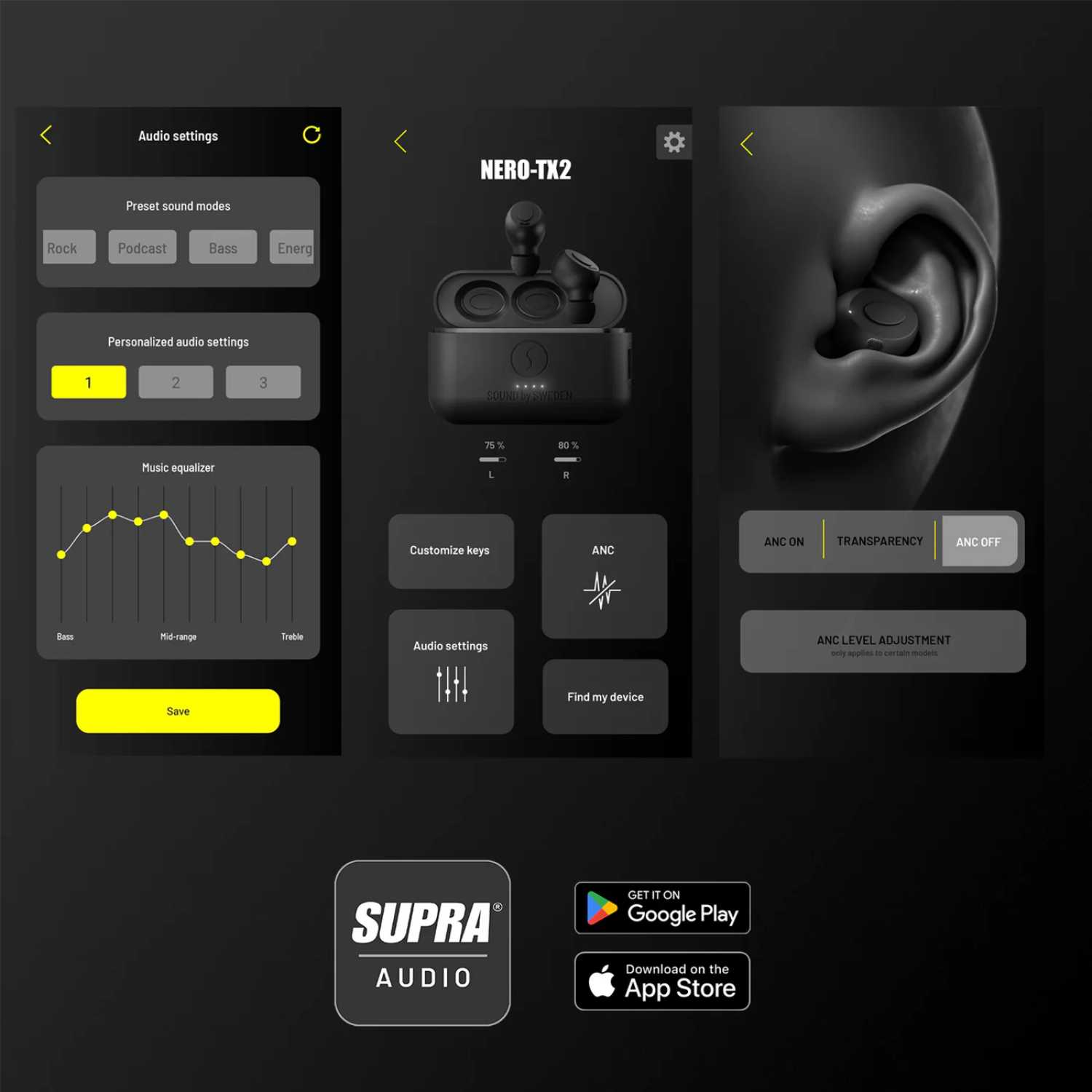 Trois écrans de l'application SUPRA Audio pour les écouteurs NERO-TX2 : réglages audio avec presets et égaliseur 10 bandes, écran principal affichant le niveau de batterie gauche/droite et les fonctions ANC, personnalisation des boutons et localisation, et écran de bascule entre les modes ANC, transparence et ANC off