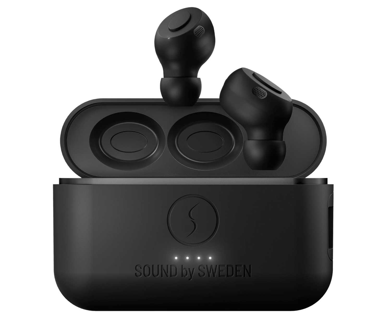 Écouteurs sans-fil SUPRA NERO-TX2 noirs à finition mate avec leur boîtier de charge Powermag II ouvert, portant le logo SUPRA et la mention Sound by Sweden, sur fond blanc, format nano ultra-compact