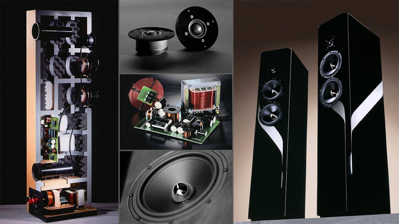 Planche technique TIDAL Audio en cinq vues : vue éclatée de l'architecture interne multi-chambre d'une enceinte TIDAL avec drivers, crossover et évent visibles ; tweeter dôme céramique noire vu de face et de dos ; crossover passif Uno-Pulse détaillé avec bobines cuivre, transformateur et condensateurs Supreme ; gros plan d'un mid-woofer crystalid ; paire de TIDAL Piano Classic en laque piano Midnight Black vues de face.