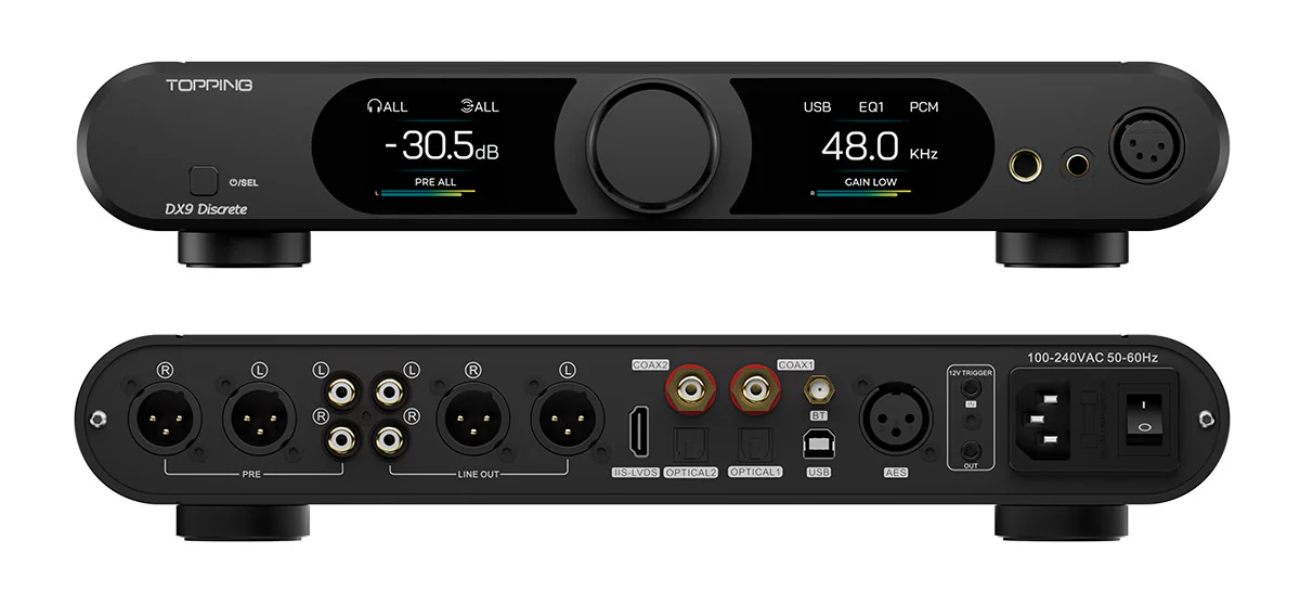 Topping DX9 Discrete vues face avant et face arrière avec connectique complète : sorties XLR symétriques PRE et LINE OUT, RCA, entrées coaxiales, optiques, AES, USB-B, I²S et 12V Trigger