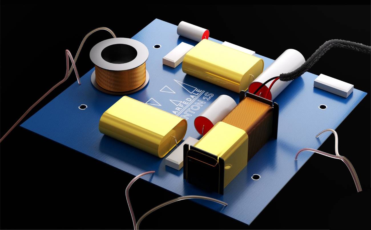 Rendu 3D du crossover Wharfedale Denton 1S sur PCB bleu short-path, condensateurs polypropylène dorés, inductance basse à noyau silicium-fer, inductance air pour tweeter, résistances céramiques, filtre Linkwitz-Riley 4ème ordre 2,6 kHz