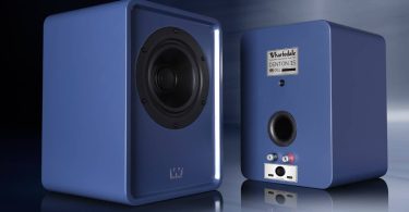 Paire enceintes Wharfedale Denton 1S finition bleue mate, vue avant avec driver coaxial 2 voies (tweeter 25mm + cône 165mm) et vue arrière avec port bass-reflex et Brilliance switch