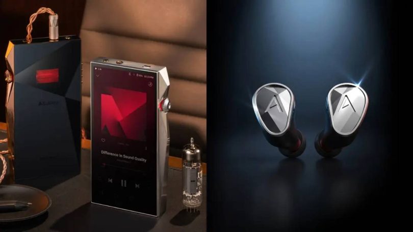 Baladeur audiophile Astell&Kern SP4000T en finition acier inox posé près de son coffret et d'un tube à vide visible, à droite les écouteurs intra-auriculaires Clarus argentés éclairés sur fond sombre
