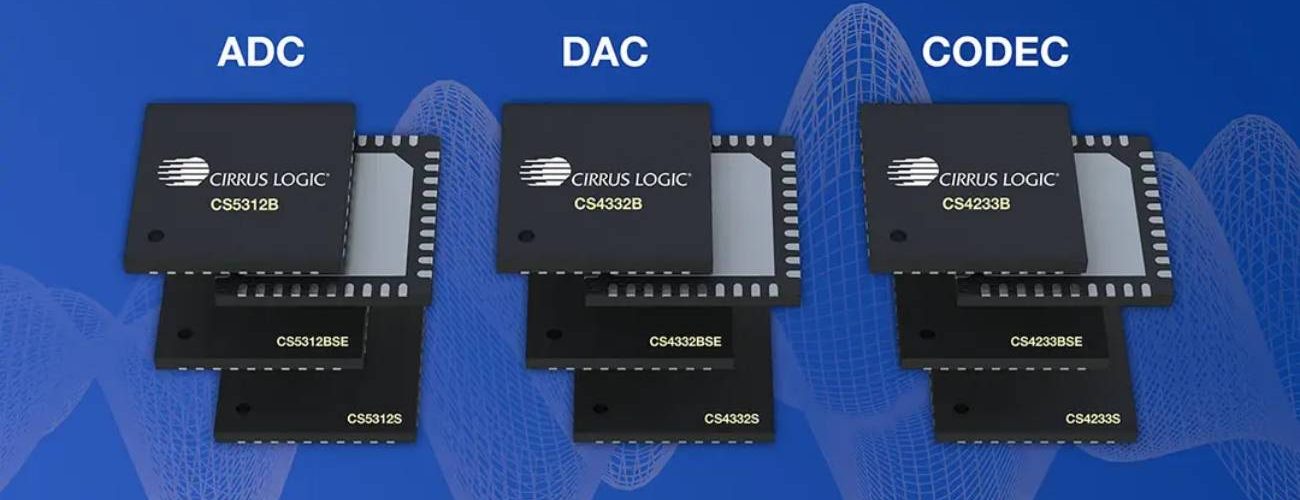 Visuel officiel Cirrus Logic présentant les trois nouvelles familles de convertisseurs audio sur fond bleu : à gauche l'ADC CS5312x, au centre le DAC CS4332x, à droite le CODEC CS4233x, chaque famille empilant ses déclinaisons B, BSE et S en boîtiers QFN noirs