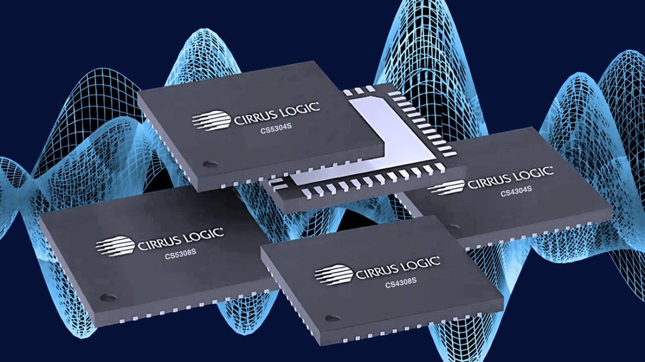 Quatre convertisseurs audio Cirrus Logic des familles antérieures CS430xx et CS530xx (CS5304S, CS5308S, CS4304S, CS4308S) en boîtiers noirs flottant sur fond bleu nuit, encadrés par des ondes sonores en maillage lumineux bleu