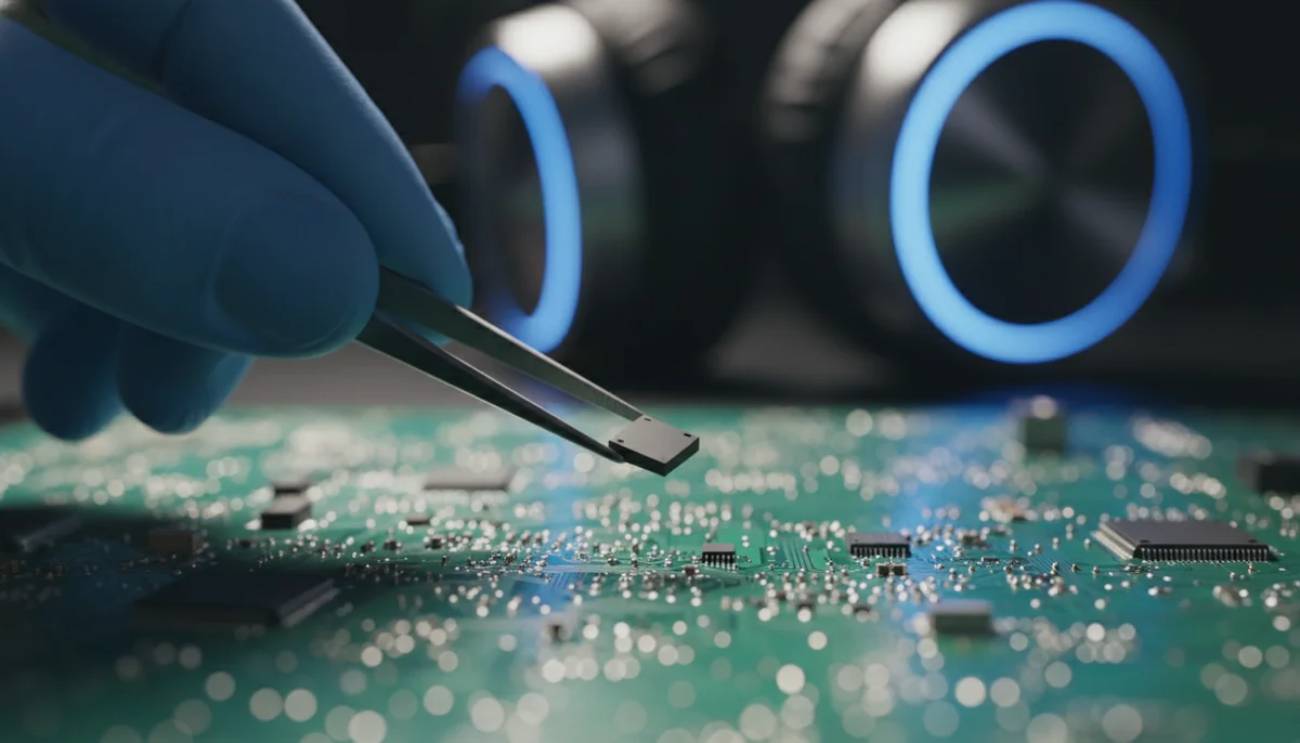 Main gantée de bleu tenant une pince de précision pour positionner une petite puce de conversion audio en boîtier QFN noir sur une carte de circuit imprimé verte garnie de composants, avec deux enceintes aux anneaux lumineux bleus floutées en arrière-plan
