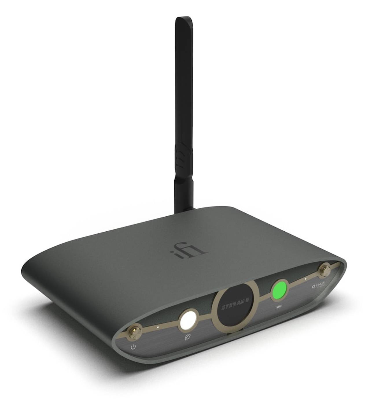 Transport réseau iFi ZEN Stream 3 gris anthracite avec antenne Wi-Fi noire déployée, vu de trois quarts face, façade avec bouton d'alimentation, afficheur circulaire STREAM 3, bouton kHz vert et marquage K2