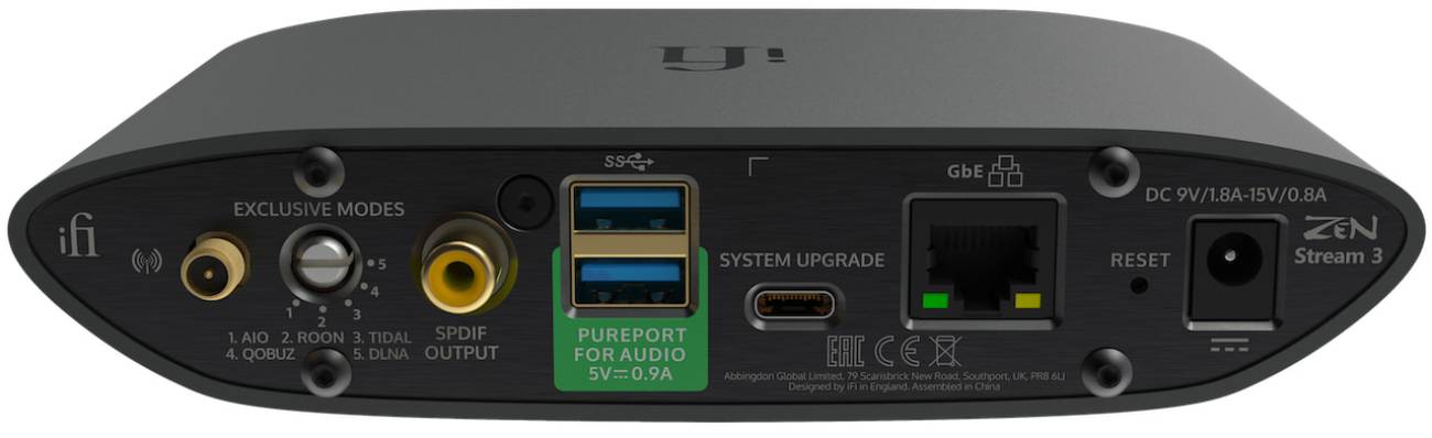 Panneau arrière du transport iFi ZEN Stream 3 : connecteur antenne Wi-Fi, sélecteur Exclusive Modes, sortie S/PDIF coaxiale RCA, ports USB-A PurePort for Audio, USB-C System Upgrade et Ethernet GbE