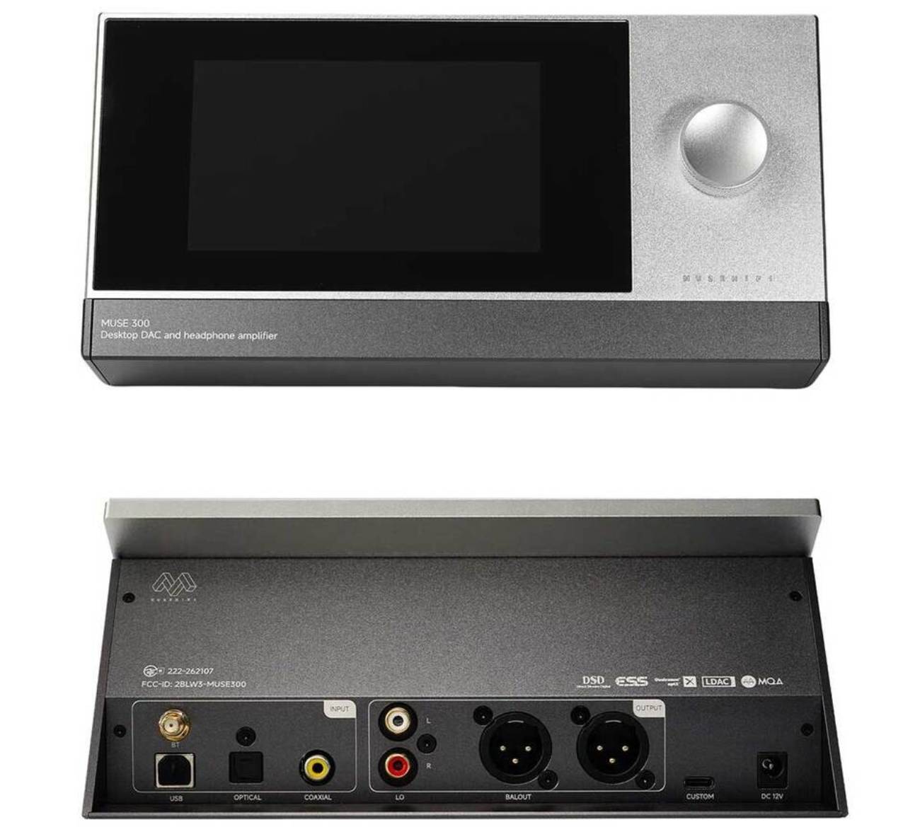 Faces avant et arrière du DAC ampli casque Muse HiFi Muse 300 : écran 5 pouces, molette de volume, panneau arrière avec entrées USB, optique, coaxiale, Bluetooth et sorties ligne RCA et symétriques XLR