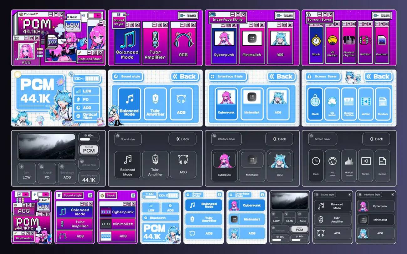 Montage officiel des menus de Muse OS sur le Muse HiFi Muse 300 : trois styles de son (mode équilibré, amplificateur à tube, ACG), trois thèmes d'interface cyberpunk minimaliste et ACG, et menu économiseur d'écran horloge VU-mètre et rythme musical