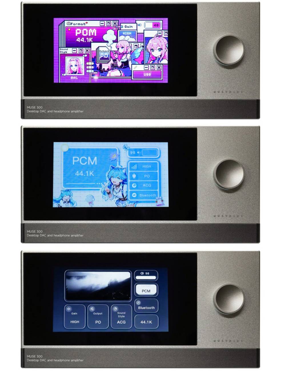 Les trois thèmes d'interface du Muse HiFi Muse 300 sur son écran 5 pouces : un thème cyberpunk néon façon fenêtres rétro, un thème ACG anime clair et un thème minimaliste sombre avec contrôles tactiles Gain, Output et Sound Style