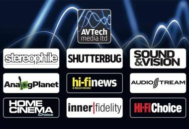 Montage de logos des marques de presse audio et photo sous la bannière AVTech Media Ltd : Stereophile, Sound & Vision, Analog Planet, Shutterbug, Hi-Fi News, AudioStream, Home Cinema Choice, InnerFidelity et Hi-Fi Choice