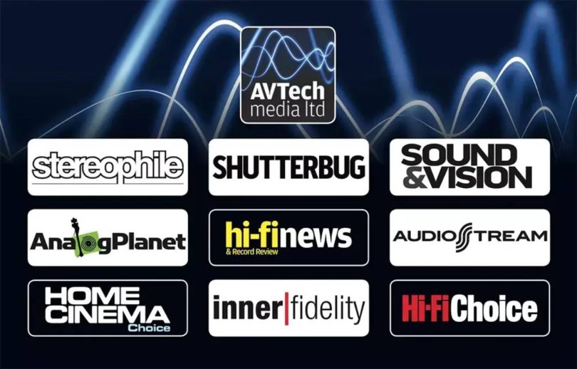 Montage de logos des marques de presse audio et photo sous la bannière AVTech Media Ltd : Stereophile, Sound & Vision, Analog Planet, Shutterbug, Hi-Fi News, AudioStream, Home Cinema Choice, InnerFidelity et Hi-Fi Choice