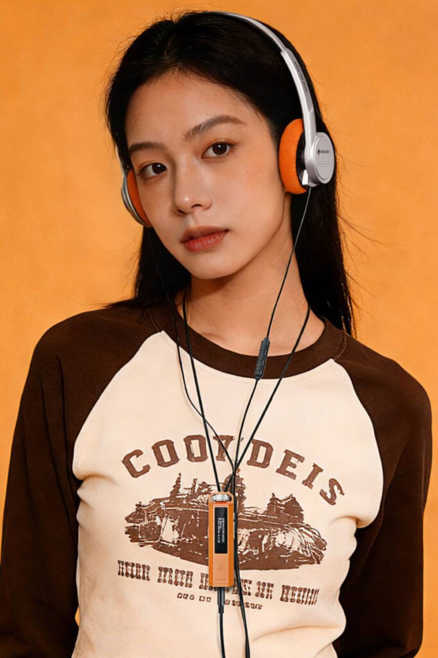 Jeune femme écoutant de la musique avec un casque filaire relié au baladeur Snowsky ECHO NANO en coloris orange, porté autour du cou par sa lanière et branché sur la sortie jack 3,5 mm, écran OLED allumé, sur fond orange