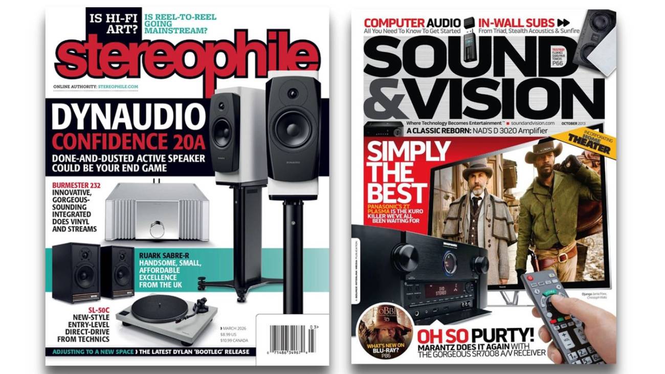 Couvertures des magazines Stereophile (numéro de mars 2026) et Sound & Vision côte à côte, deux des titres de presse hi-fi américaine concernés par le rachat Pray Media Holdings, avec enceintes, amplis et téléviseur en visuel