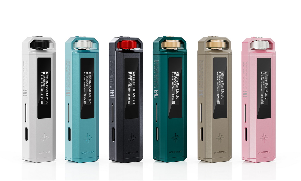 Gamme de baladeurs Hi-Res FiiO Snowsky Echo Nano en six coloris, blanc, bleu ciel, noir, vert, titane et rose, avec molette de contrôle métallique, écran OLED 0,91 pouce et port USB-C