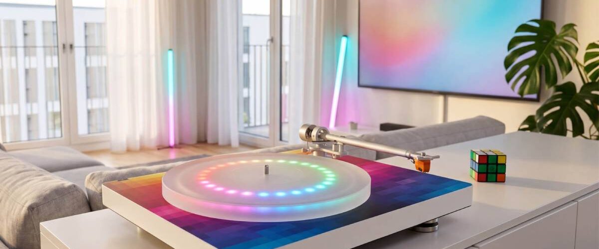 Platine vinyle Clearaudio compass GT posée sur un meuble blanc dans un salon contemporain, socle habillé d'un dégradé pixel-art 8 bits multicolore, plateau acrylique translucide illuminé par un anneau de LED RGB, bras droit T1 en aluminium et cellule MM GN2 orange, avec barres lumineuses et téléviseur en arrière-plan