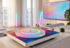 Platine vinyle Clearaudio compass GT posée sur un meuble blanc dans un salon contemporain, socle habillé d'un dégradé pixel-art 8 bits multicolore, plateau acrylique translucide illuminé par un anneau de LED RGB, bras droit T1 en aluminium et cellule MM GN2 orange, avec barres lumineuses et téléviseur en arrière-plan