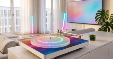Platine vinyle Clearaudio compass GT posée sur un meuble blanc dans un salon contemporain, socle habillé d'un dégradé pixel-art 8 bits multicolore, plateau acrylique translucide illuminé par un anneau de LED RGB, bras droit T1 en aluminium et cellule MM GN2 orange, avec barres lumineuses et téléviseur en arrière-plan