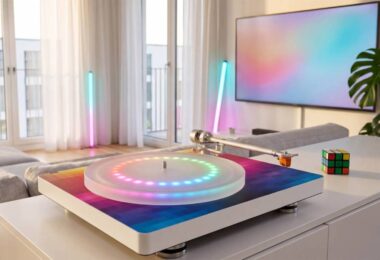 Platine vinyle Clearaudio compass GT posée sur un meuble blanc dans un salon contemporain, socle habillé d'un dégradé pixel-art 8 bits multicolore, plateau acrylique translucide illuminé par un anneau de LED RGB, bras droit T1 en aluminium et cellule MM GN2 orange, avec barres lumineuses et téléviseur en arrière-plan