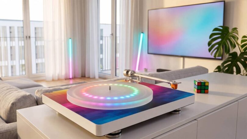 Platine vinyle Clearaudio compass GT posée sur un meuble blanc dans un salon contemporain, socle habillé d'un dégradé pixel-art 8 bits multicolore, plateau acrylique translucide illuminé par un anneau de LED RGB, bras droit T1 en aluminium et cellule MM GN2 orange, avec barres lumineuses et téléviseur en arrière-plan