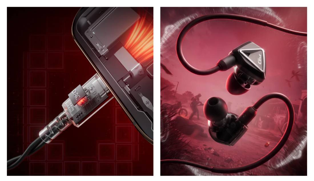 Diptyque Edifier Hecate Hunter S : à gauche, vue éclatée du module DAC transparent intégré au câble USB-C branché sur un smartphone, circuit interne et marquage DAC visibles ; à droite, les deux écouteurs noirs à coque triangle inversé avec câble à port par-dessus l'oreille