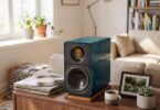 Paire d'enceintes bibliothèque ELAC ELEGANT 100 en finition Teal laquée sur socles bois, l'une équipée de sa grille tissu gris argent, l'autre montrant le tweeter JET6 doré et le woofer AS XR Con 115 mm à cône facetté