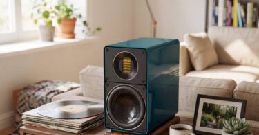 Paire d'enceintes bibliothèque ELAC ELEGANT 100 en finition Teal laquée sur socles bois, l'une équipée de sa grille tissu gris argent, l'autre montrant le tweeter JET6 doré et le woofer AS XR Con 115 mm à cône facetté