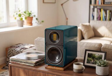 Paire d'enceintes bibliothèque ELAC ELEGANT 100 en finition Teal laquée sur socles bois, l'une équipée de sa grille tissu gris argent, l'autre montrant le tweeter JET6 doré et le woofer AS XR Con 115 mm à cône facetté