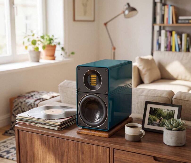 Paire d'enceintes bibliothèque ELAC ELEGANT 100 en finition Teal laquée sur socles bois, l'une équipée de sa grille tissu gris argent, l'autre montrant le tweeter JET6 doré et le woofer AS XR Con 115 mm à cône facetté