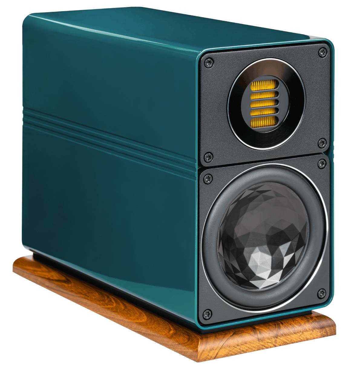 Enceinte ELAC ELEGANT 100 seule, vue de trois quarts sur fond blanc, coffret aluminium laqué Teal posé sur socle bois, montrant le tweeter JET6 à membrane plissée dorée dans son guide circulaire et le woofer AS XR Con de 115 mm à cône aluminium facetté