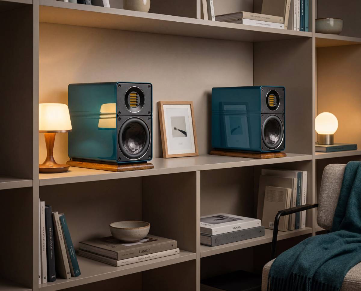 Paire d'enceintes ELAC ELEGANT 100 en laque Teal posées sur leurs socles bois dans une bibliothèque beige, grilles retirées laissant voir le tweeter JET6 doré et le woofer AS XR Con à cône facetté, entre deux lampes d'appoint et un cadre photo