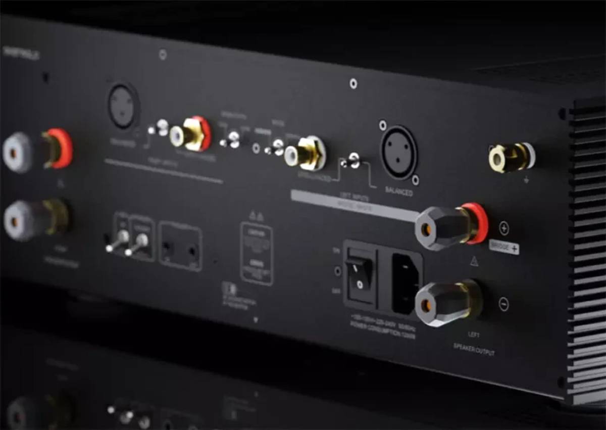 Panneau arrière de l'amplificateur de puissance Eversolo AMP-F8 en finition noire montrant les entrées XLR symétriques et RCA asymétriques des deux canaux, les inverseurs à bascule de gain et de mode ponté, les borniers d'enceinte plaqués or avec repère BRIDGE, l'interrupteur secteur et l'embase IEC avec porte-fusible