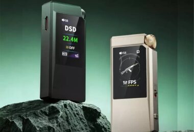 Les deux finitions du DAC portable FiiO QX11 posées sur un rocher, la version vert foncé affichant DSD 22.4M sur son écran LCD couleur et la version or affichant le preset gaming FPS, molette de volume crantée et double port USB-C visibles
