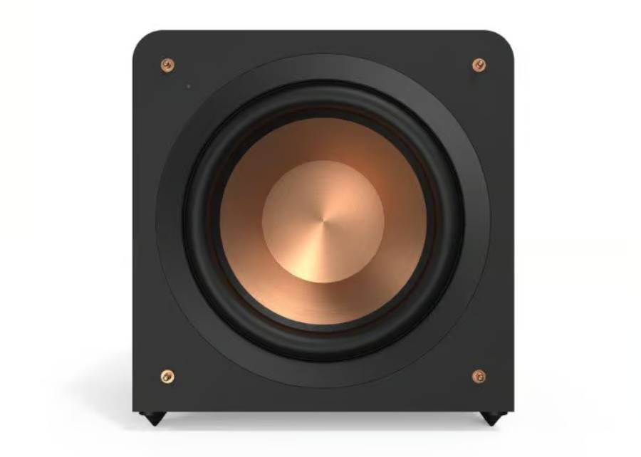 Vue de face du caisson de basses compact Klipsch RP-1200CSW grille retirée, woofer Cerametallic cuivré de 12 pouces, façade ébène à angles arrondis sans évent, plots de grille cuivrés