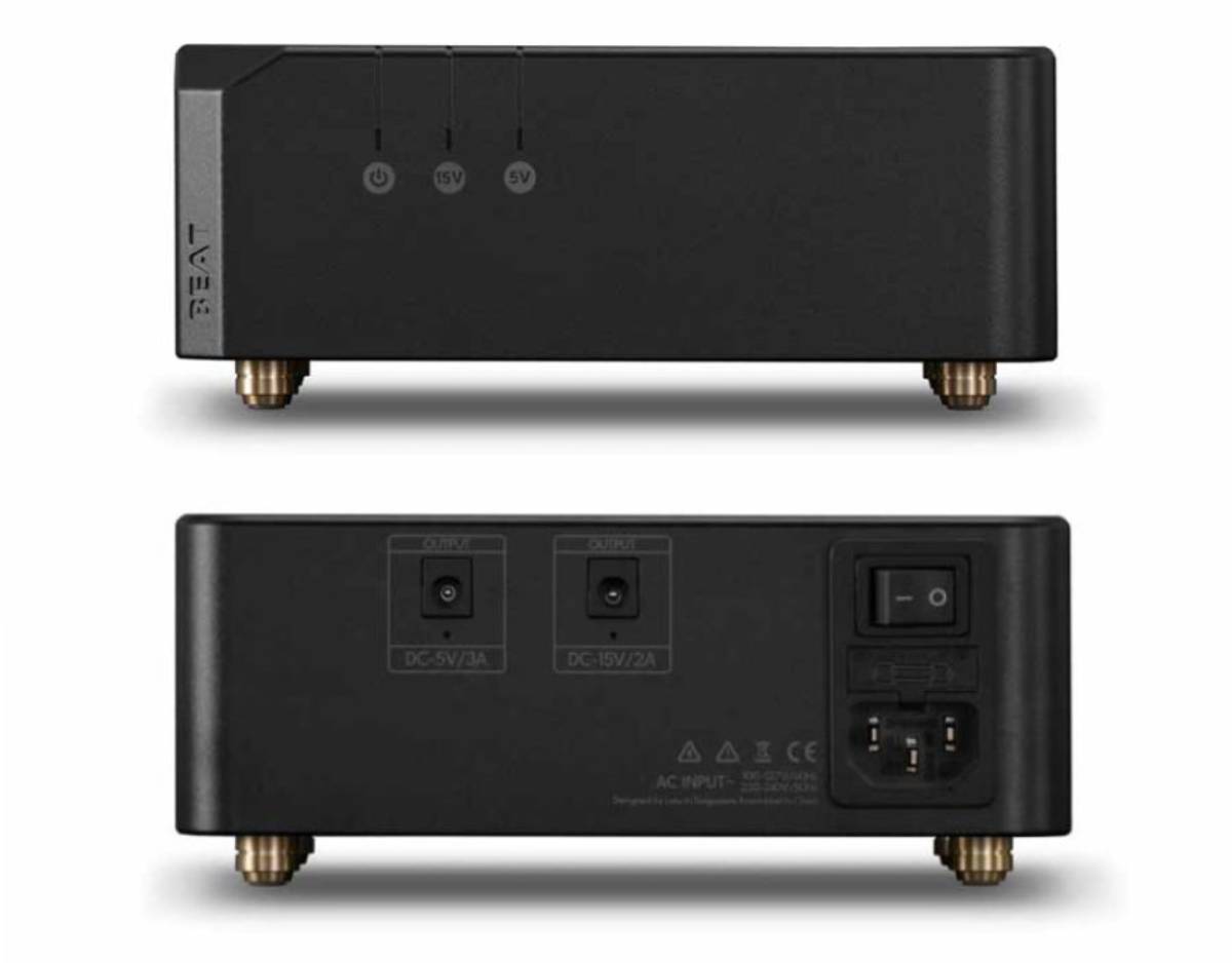 Alimentation linéaire LAiV Crescendo BEAT noire vue de face avec ses trois LED de veille, 15V et 5V, et vue arrière avec les deux sorties DC 5V/3A et 15V/2A, l'interrupteur, le porte-fusible et l'embase secteur IEC