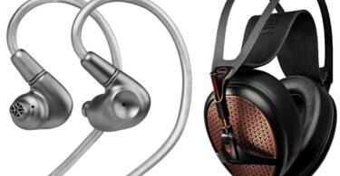 Écouteurs intra-auriculaires Meze ASTRU en titane usiné finition satinée avec câble tressé argenté et guides d'oreille, présentés à côté du casque planar magnétique ouvert Meze Empyrean JAPONIA en finition noir et cuivre avec grilles ajourées à motif géométrique, arceau carbone, bandeau cuir et emblème Lyre Bird rouge