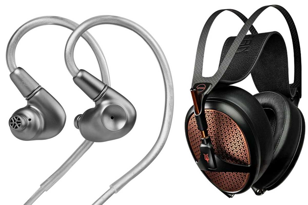 Écouteurs intra-auriculaires Meze ASTRU en titane usiné finition satinée avec câble tressé argenté et guides d'oreille, présentés à côté du casque planar magnétique ouvert Meze Empyrean JAPONIA en finition noir et cuivre avec grilles ajourées à motif géométrique, arceau carbone, bandeau cuir et emblème Lyre Bird rouge