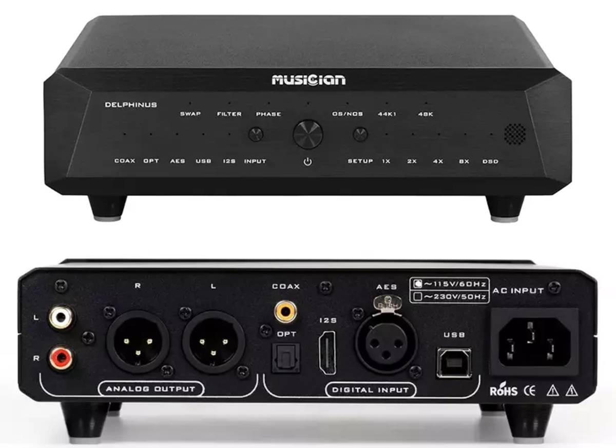 Montage de la façade et du panneau arrière du DAC R-2R Musician Delphinus noir, la face avant montrant les touches SWAP, FILTER, PHASE, INPUT, SETUP et les témoins COAX, OPT, AES, USB, I2S, 44K1, 48K, 1X à 8X et DSD, le panneau arrière regroupant la zone ANALOG OUTPUT avec sorties RCA et XLR gauche et droite, la zone DIGITAL INPUT avec coaxial, optique TOSLINK, I2S sur connecteur HDMI, AES sur XLR et USB-B, le sélecteur de tension 115V ou 230V et l'embase secteur IEC