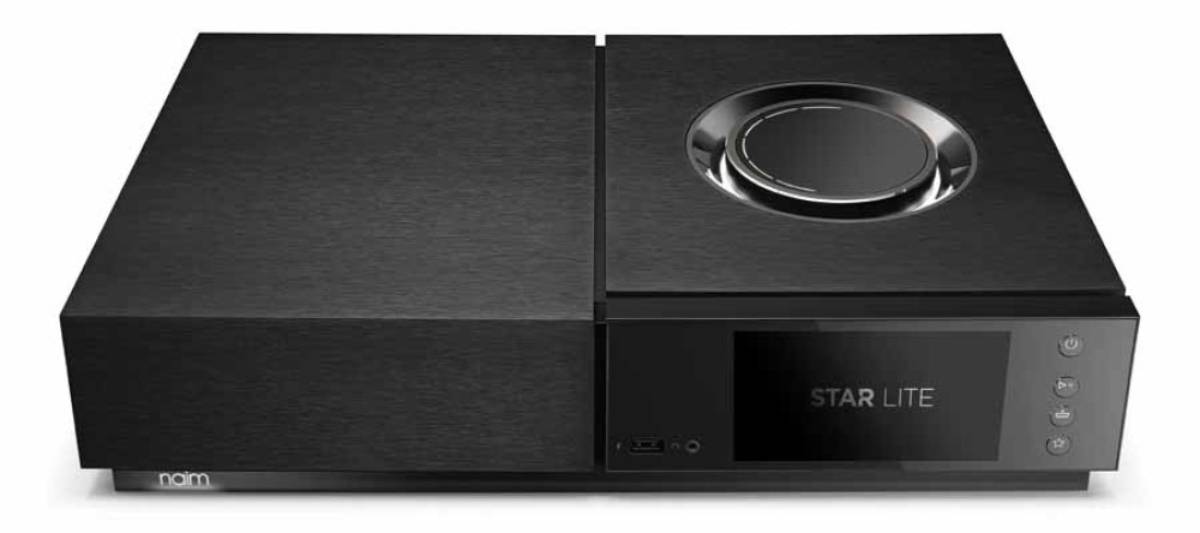 Façade du Naim Uniti Star Lite en aluminium brossé noir vue de face, avec écran couleur affichant Star Lite, molette de volume circulaire chromée sur le capot supérieur, port USB Type-A et prise casque jack 3,5 mm à gauche de l'écran, quatre touches tactiles verticales à droite et logo naim rétroéclairé sur le socle