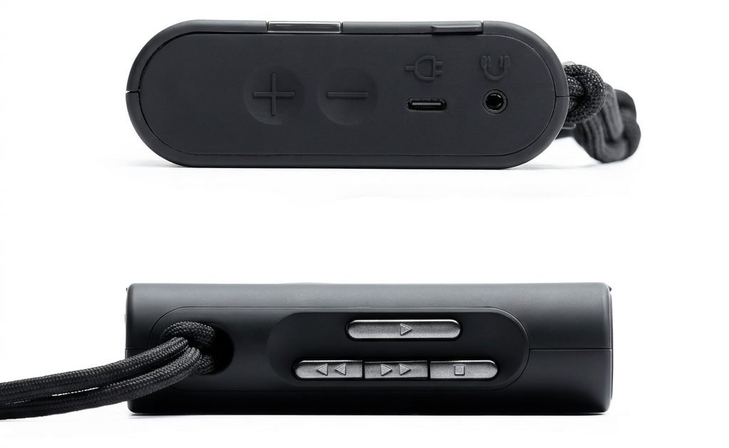 Deux tranches du baladeur cassette Amadana CP10 noir : boutons de volume plus et moins, port USB-C et prise casque jack 3,5 mm d'un côté, touches mécaniques lecture, retour rapide, avance rapide et stop de l'autre