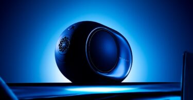 Enceinte connectée Devialet Phantom Ultimate 98 dB Pulse Blue de profil sur fond bleu lumineux, avec flasque latérale miroir, woofer HBI latéral, logo Devialet et commandes tactiles sur le dessus