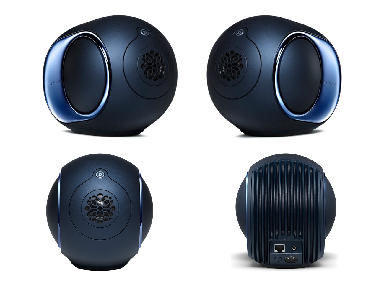 Paire stéréo Devialet Phantom Ultimate 98 dB Pulse Blue avec flasques miroir, vue de face du haut-parleur cosphérique et panneau arrière à ailettes avec port Ethernet, entrée optique et alimentation