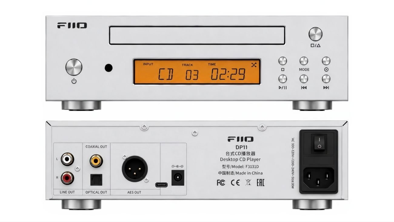 Face avant et panneau arrière du lecteur CD FiiO DP11 argent : écran LCD ambré, sorties RCA Line Out, coaxiale, optique, AES XLR, port USB-C, entrée 12 V DC et embase secteur avec interrupteur