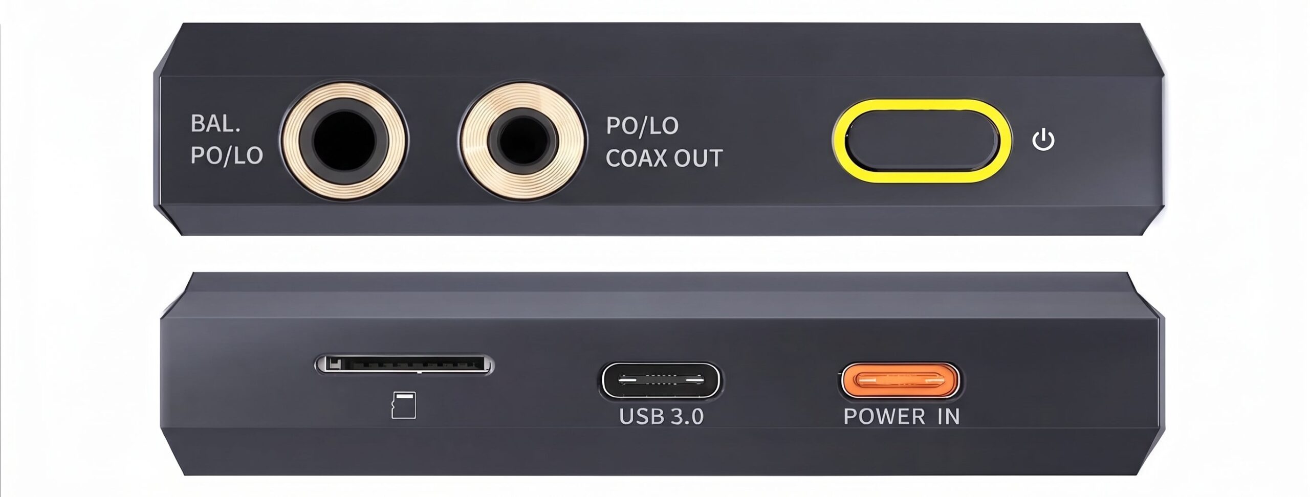 Tranches supérieure et inférieure du baladeur FiiO M25 avec sortie symétrique 4,4 mm, sortie 3,5 mm casque, ligne et coaxiale, bouton d'alimentation, lecteur microSD, port USB-C 3.0 et port USB-C Power In orange