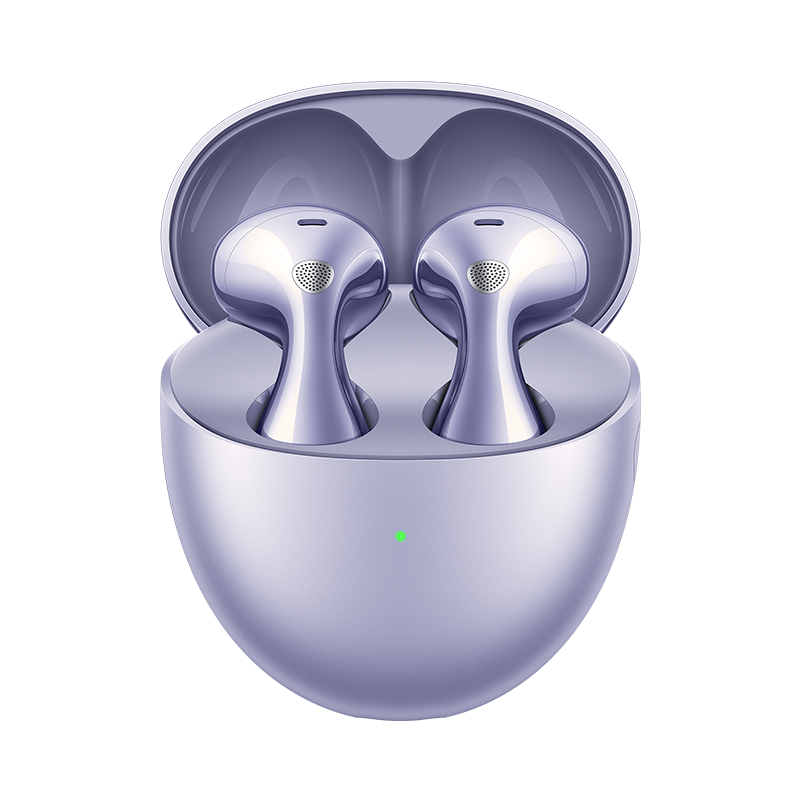 Boîtier de charge Huawei FreeBuds 6 violet en forme de galet arrondi, couvercle ouvert, deux écouteurs open-fit en goutte d'eau logés à l'intérieur avec grille circulaire de sortie acoustique et témoin de charge vert