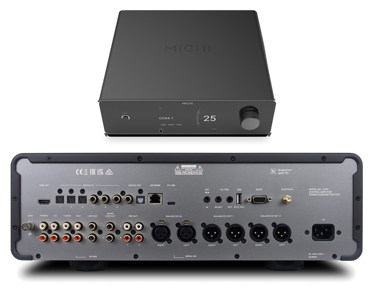 Préamplificateur DAC Michi Prestige P430 vu de face avec écran TFT et bouton de volume, et panneau arrière avec HDMI ARC, entrées optiques et coaxiales, phono, XLR et USB-C